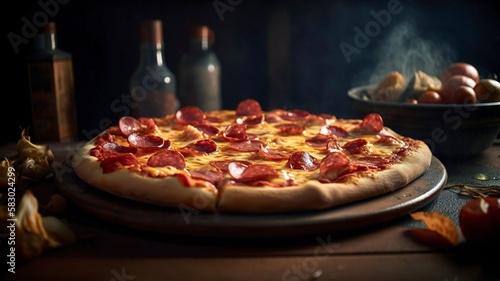 Gourmet Pepperoni Pizza with Bacon, Cheese, and Vegetables on Rustic Table