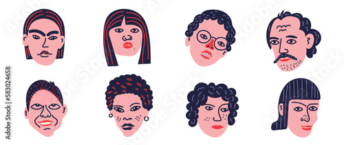 Set of face portrait cute funny character vector. Hand drawn collection of people, different hairstyle, gender, girl, man. Diverse people design for print, logo, icon, emoji, poster, card, branding.