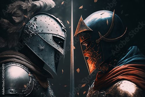 Two medieval knights in armor and helmets confront each other. Battle, war of good and evil, enemy, armed conflict, duel concept. Illustration created by generative ai photo