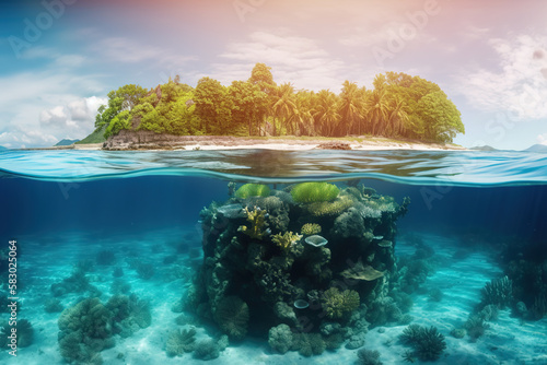 Tropical Island And Coral Reef - Split View With Waterline
