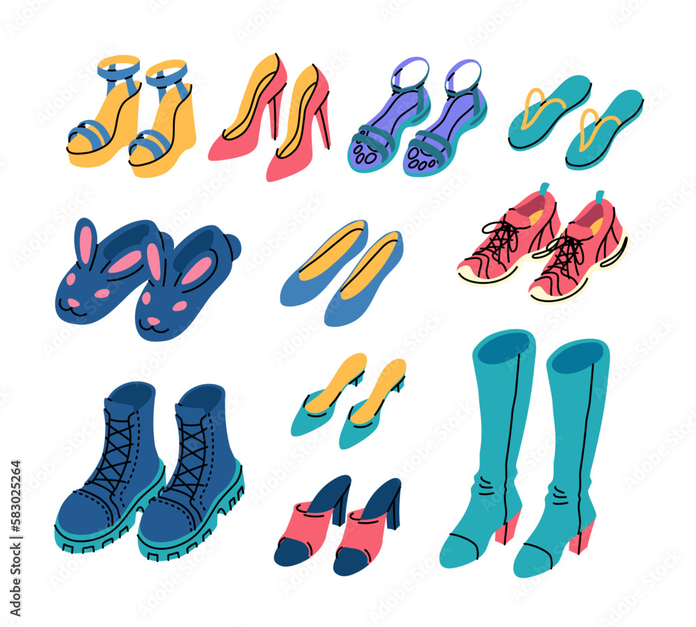Vector woman shoes doodle set. Variety of woman shoe wear types. Boots, high heels, sandals