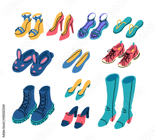 Vector woman shoes doodle set. Variety of woman shoe wear types. Boots, high heels, sandals pairs. Ballet shoes, wedge sandals and tractor boots and home shoes illustration