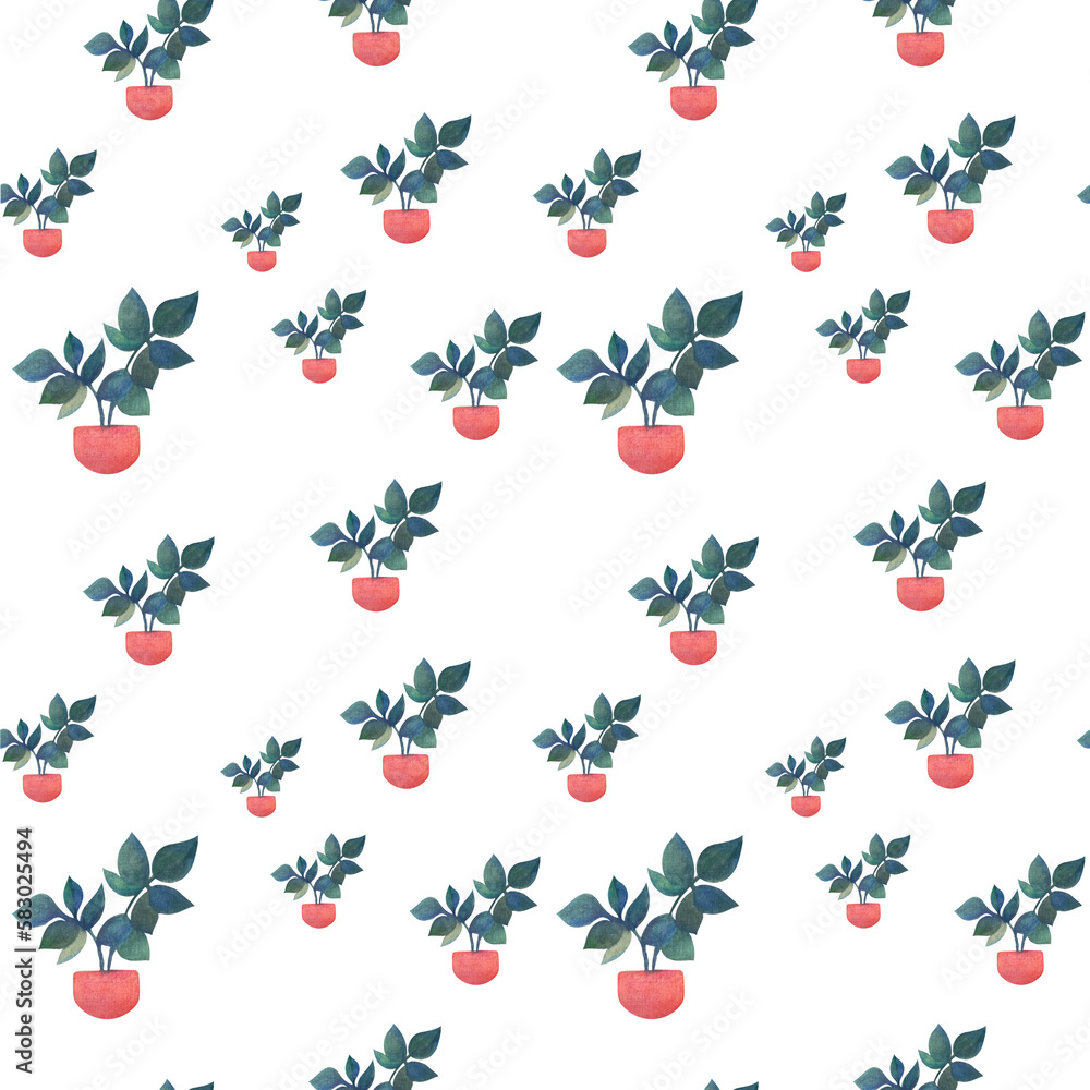 seamless pattern with watercolor house plants. clipart Flowers in a pot - stickers on a transparent background. Print for textiles, fabrics and packaging paper