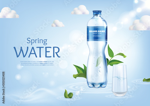 Realistic Detailed 3d Mineral Water Plastic Bottle and Glass Ads Banner Concept Poster Card. Vector illustration