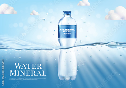 Realistic Detailed 3d Mineral Water Plastic Bottle Underwater Environment Ads Banner Concept Poster Card. Vector illustration