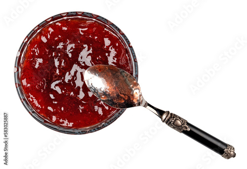 фотографія glass bowl and spoon of red berry jam on transparent background