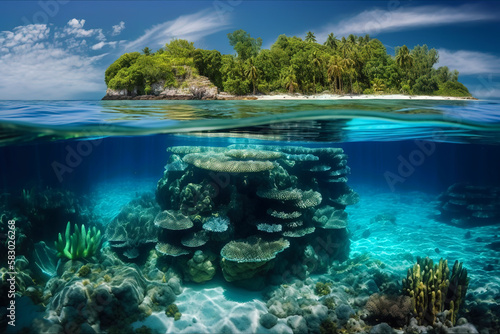 Tropical Island And Coral Reef - Split View With Waterline © Francesco