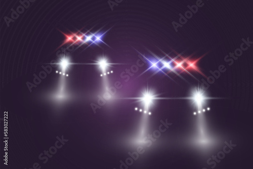 Realistic white glow round beams of car headlights, isolated on transparent background. Police car. Light from headlights. Police patrol.	