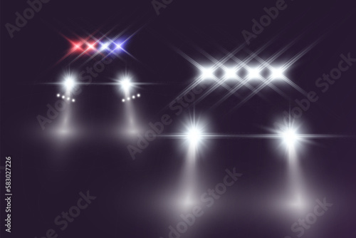 Realistic white glow round beams of car headlights, isolated on transparent background. Police car. Light from headlights. Police patrol.	