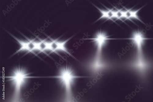 Realistic white glow round beams of car headlights, isolated on transparent background. Police car. Light from headlights. Police patrol.	