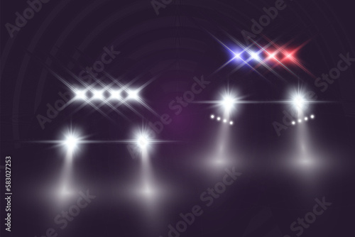 Realistic white glow round beams of car headlights, isolated on transparent background. Police car. Light from headlights. Police patrol.	