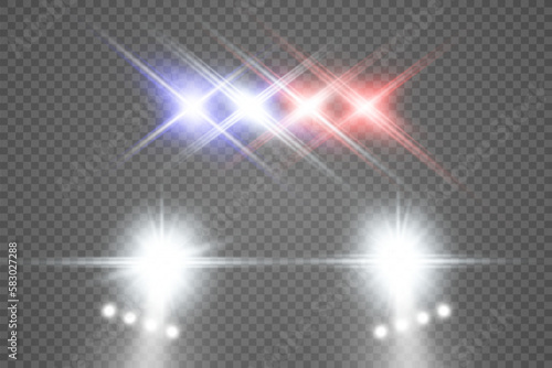 Realistic white glow round beams of car headlights, isolated on transparent background. Police car. Light from headlights. Police patrol. 