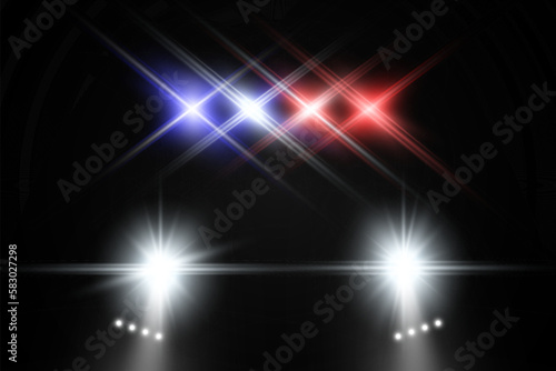 Realistic white glow round beams of car headlights, isolated on transparent background. Police car. Light from headlights. Police patrol.	