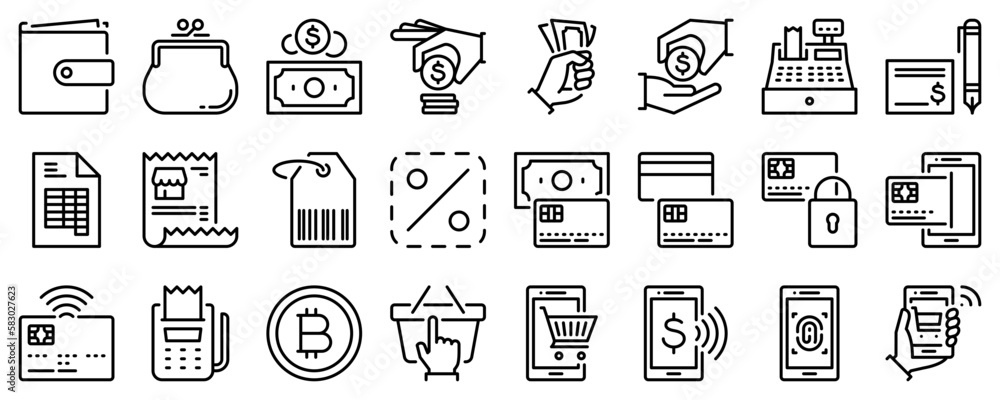 Line icons about payment methods on transparent background with editable stroke. - obrazy, fototapety, plakaty 