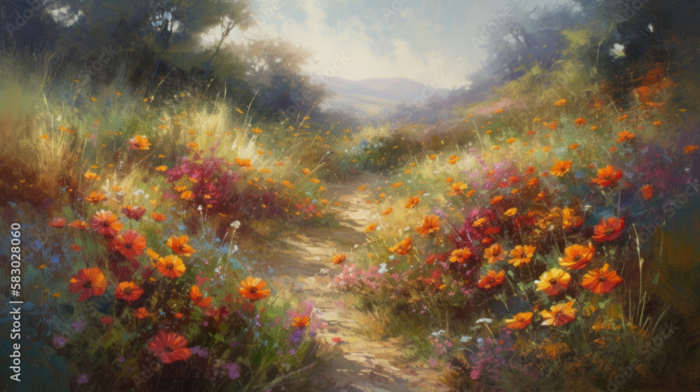 Rural walking path through cheerful cosmos wild flowers growing abundantly, tall grass, early autumn, relaxing stroll through countryside, rejuvenating outdoor nature trail - generative AI