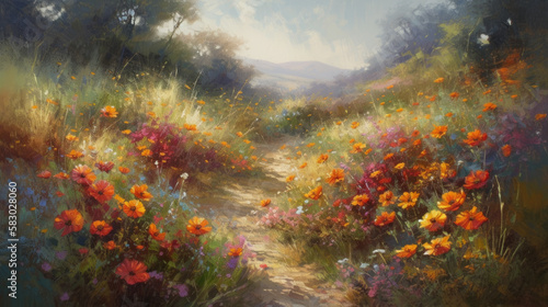 Rural walking path through cheerful cosmos wild flowers growing abundantly, tall grass, early autumn, relaxing stroll through countryside, rejuvenating outdoor nature trail - generative AI