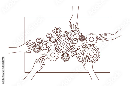 Employees hands connect cogwheels 