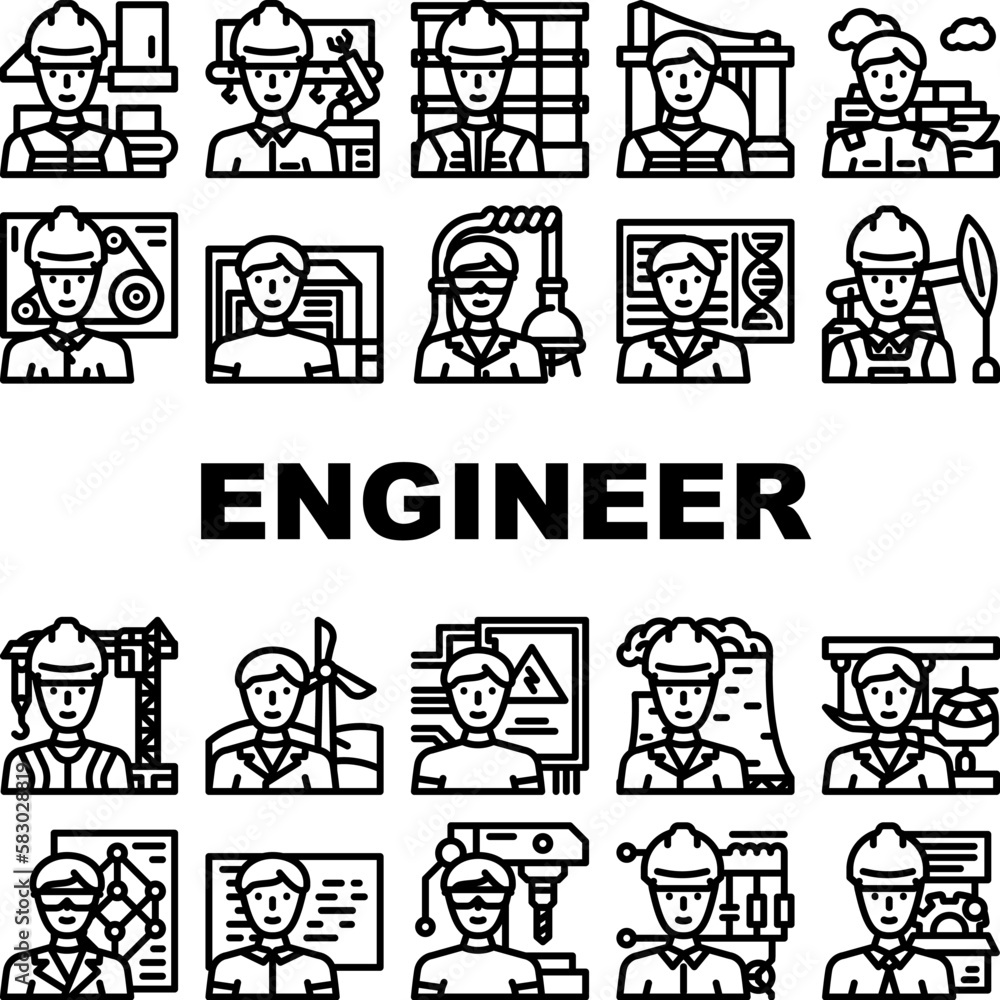 engineer worker man construction icons set vector