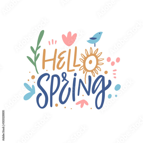 Hello Spring colorful season lettering phrase and spring elements.
