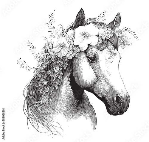 Horse head with flowers on head hand drawn sketch illustration