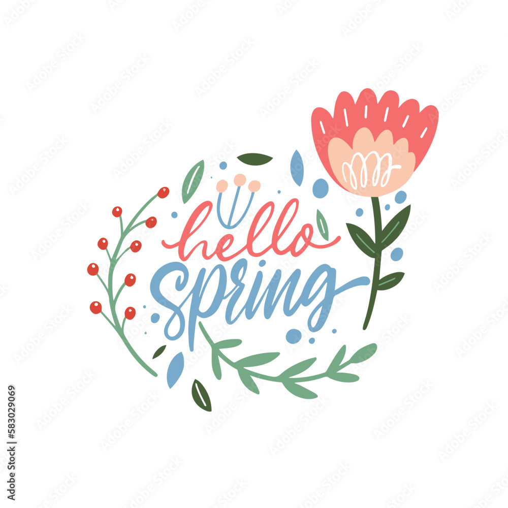 Hello Spring hand drawn colorful lettering phrase logo and vector art flowers.