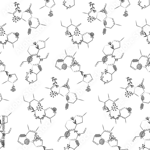Seamless pattern with chemical molecular bonds, crystal lattice with flowers. wrapping paper, background.