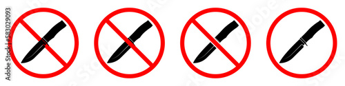 Knife ban sign. No Knife sign. Prohibition signs set. Dangerous weapon. Vector illustration.