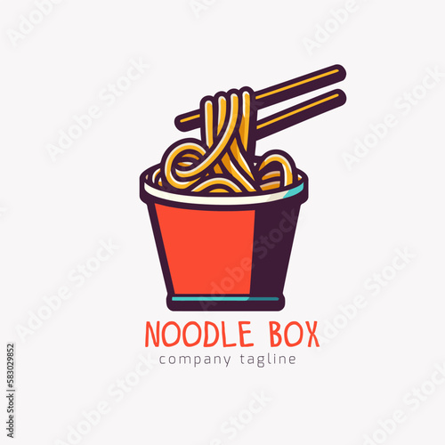 Takeaway chinese food badge of noodle box with chopsticks logo design icon