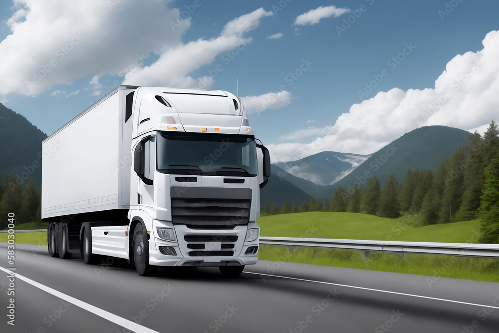 A white truck is driving on the road. Clean and empty space in the side view. Beautiful summer landscape as background, blue sky with clouds, forest and hill. Generative AI.