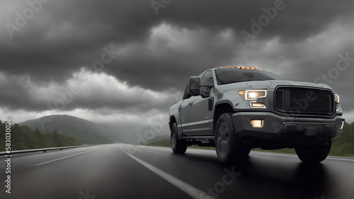 A pickup truck is driving down the road. Dark dramatic landscape as background  gloomy sky with rainy clouds  forest and hill. Generative AI.