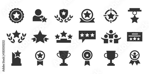 Set with award, award with number 1, one, trophy cup, trophy cup with star winner medal, trophy star, user with rating vector icon 