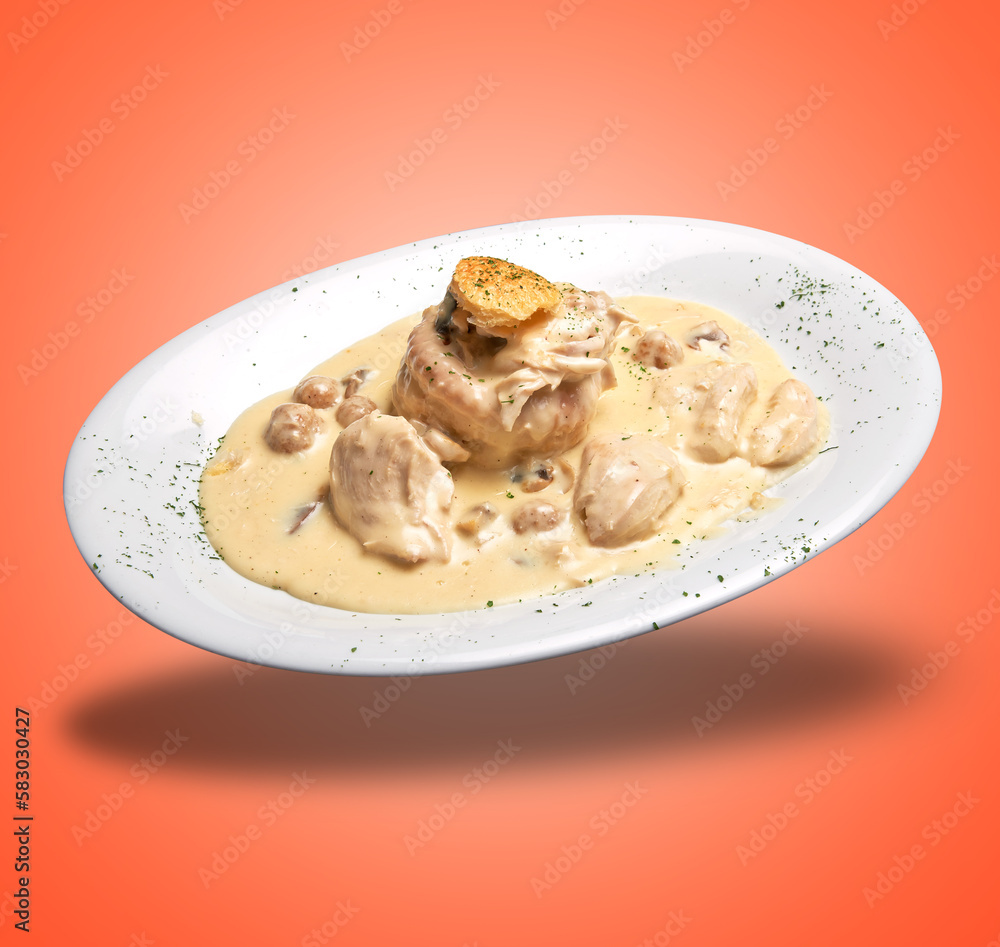 Floating White plate with Vol-au-vent and sausage Floating White plate with Vol-au-vent and sausage