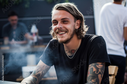 Cool young man enjoying social event BBQ candid, smile, long hair, tattoos, Generative AI