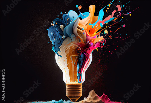 Creative light bulb explodes with splashes of multi-colored paint on a dark background. Generate Ai
