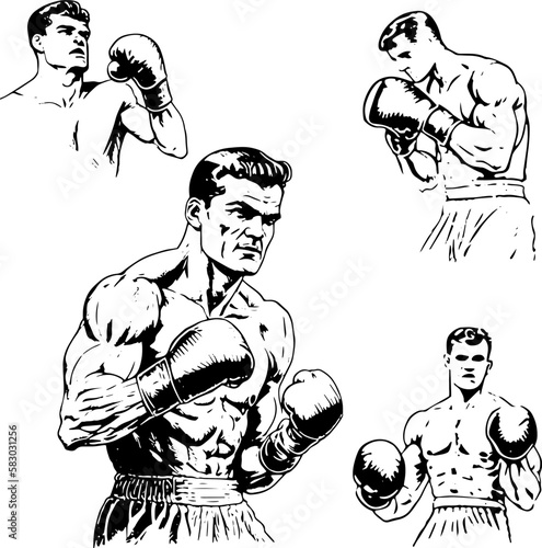 Vector drawing. Black and white set of drawings of different boxer sportsmen for your design.