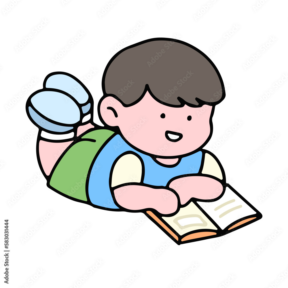 A cute boy character, reading a book, studying and doing homework, isolated on a background, for a back-to-school concept.