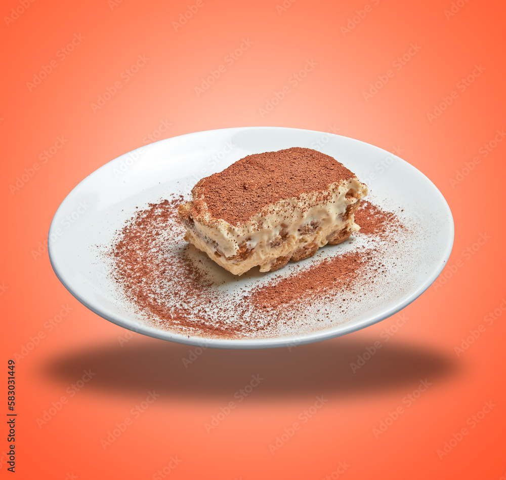 Floating White plate with sweet italian dessert tiramisu