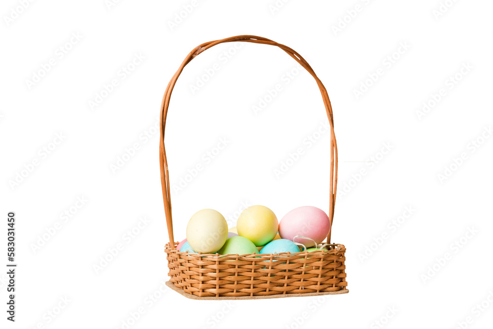 Basket of colorful Easter eggs isolated on white background. Easter basket filled with colored eggs top view holiday concept Basket of colorful Easter eggs isolated on white background. Easter basket filled with colored eggs top view holiday concept