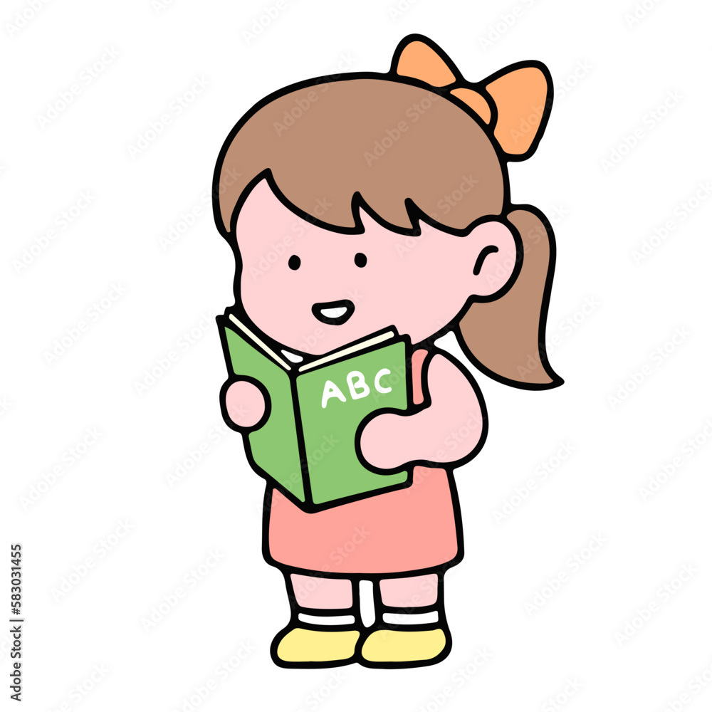 A cute girl character, reading a book, studying and doing homework, isolated on a background, for a back-to-school concept. A cute girl character, reading a book, studying and doing homework, isolated on a background, for a back-to-school concept.