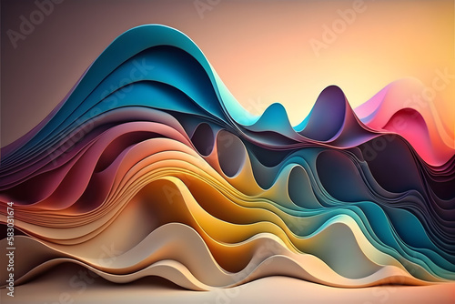 3d rendering, abstract background with liquid shapes in blue, orange and yellow colors. Generative AI technology.
