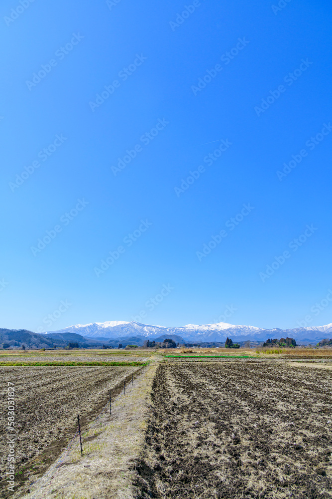 春を待つ蔵王と宮城の田園地帯

