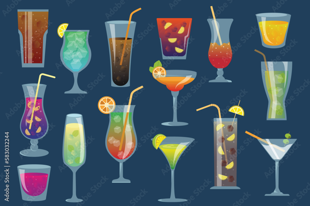 Cocktails set concept in the flat cartoon style on the dark background. Alcoholic and non alcoholic cocktails with various ingredients and in beautiful glasses. Vector illustration. Cocktails set concept in the flat cartoon style on the dark background. Alcoholic and non alcoholic cocktails with various ingredients and in beautiful glasses. Vector illustration.