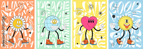 Stay groovy, peace, love rules and good vibes art poster set. Sun, peace sign, flower daisy and heart retro characters on crazy vintage hippy banners. Psychedelic hippie style placards. y2k designs