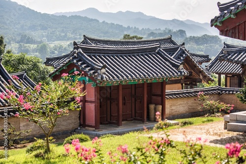 Traditional South Korean temple dancheong in the brilliant sunset.