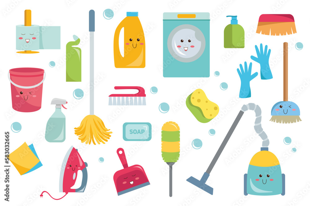 Household equipment set icons concept in the flat cartoon design. Equipment and tools that everyone needs to perform household duties. Vector illustration.