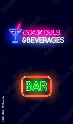 Cocktails and Beverages and Bar Neon light sign set. Vector illustration.