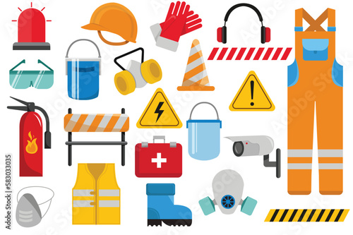 Safety work set icons concept in the flat cartoon style. Attributes and a special uniform that protects people from danger at work. Vector illustration.