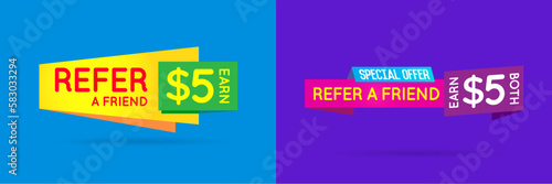 Set of Refer a friend colorful banners or posters. Referral Campaign. Refer and Earn Money. Affiliate Program. Vector.