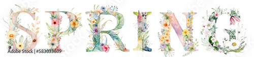 spring, decorative capital letters, watecolor flowers and text © matteo
