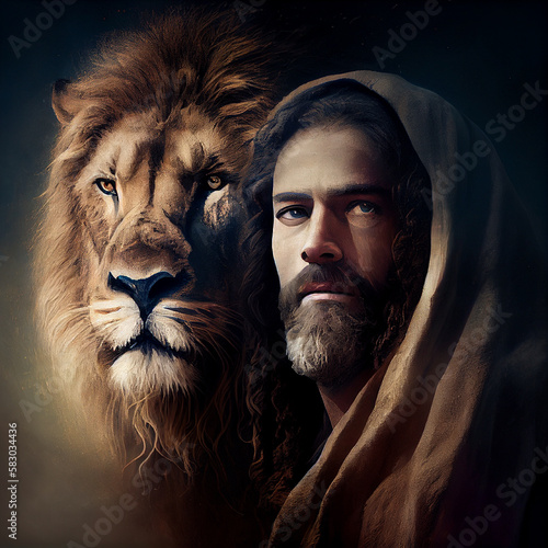 Jesus Christ and the lion of judah, religion and faith of christianity, bibical story, book of Genesis, generative AI 